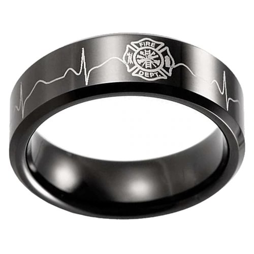 Women's or Men's EMS Firefighter / Fireman / Fire Dept,EKG Pattern Tungsten Carbide Wedding Band Rings,Black with Laser Etched Logo With Mens And Womens For Width 4MM 6MM 8MM 10MM
