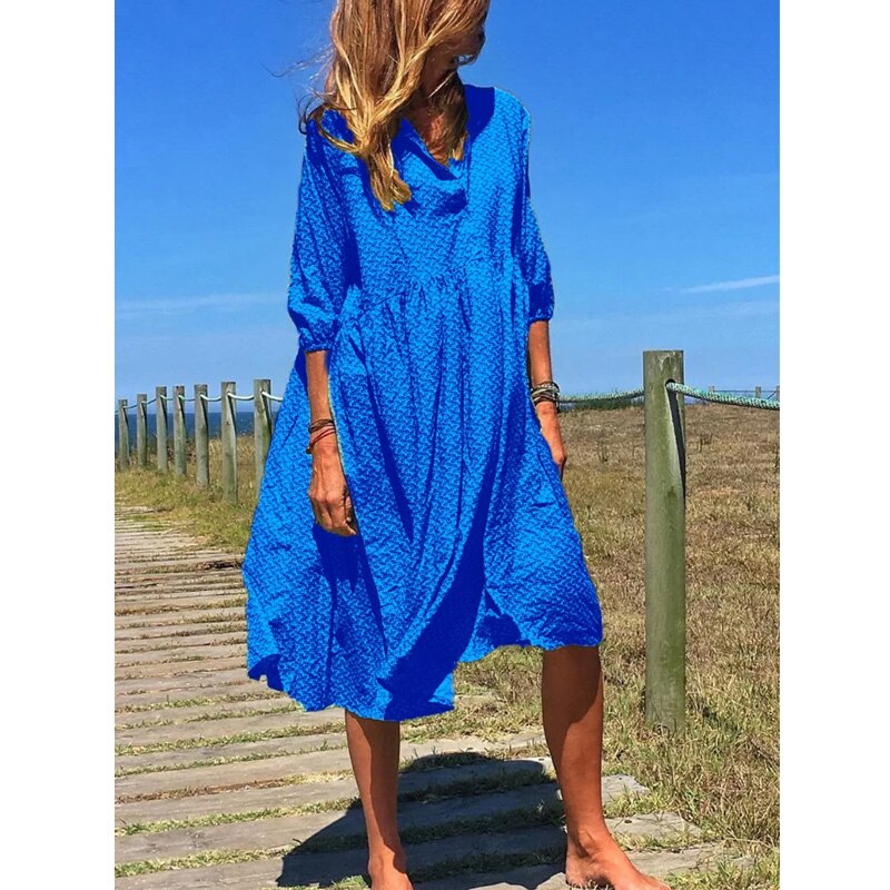 Women Elegant Button V-neck Loose Beach Casual Dress