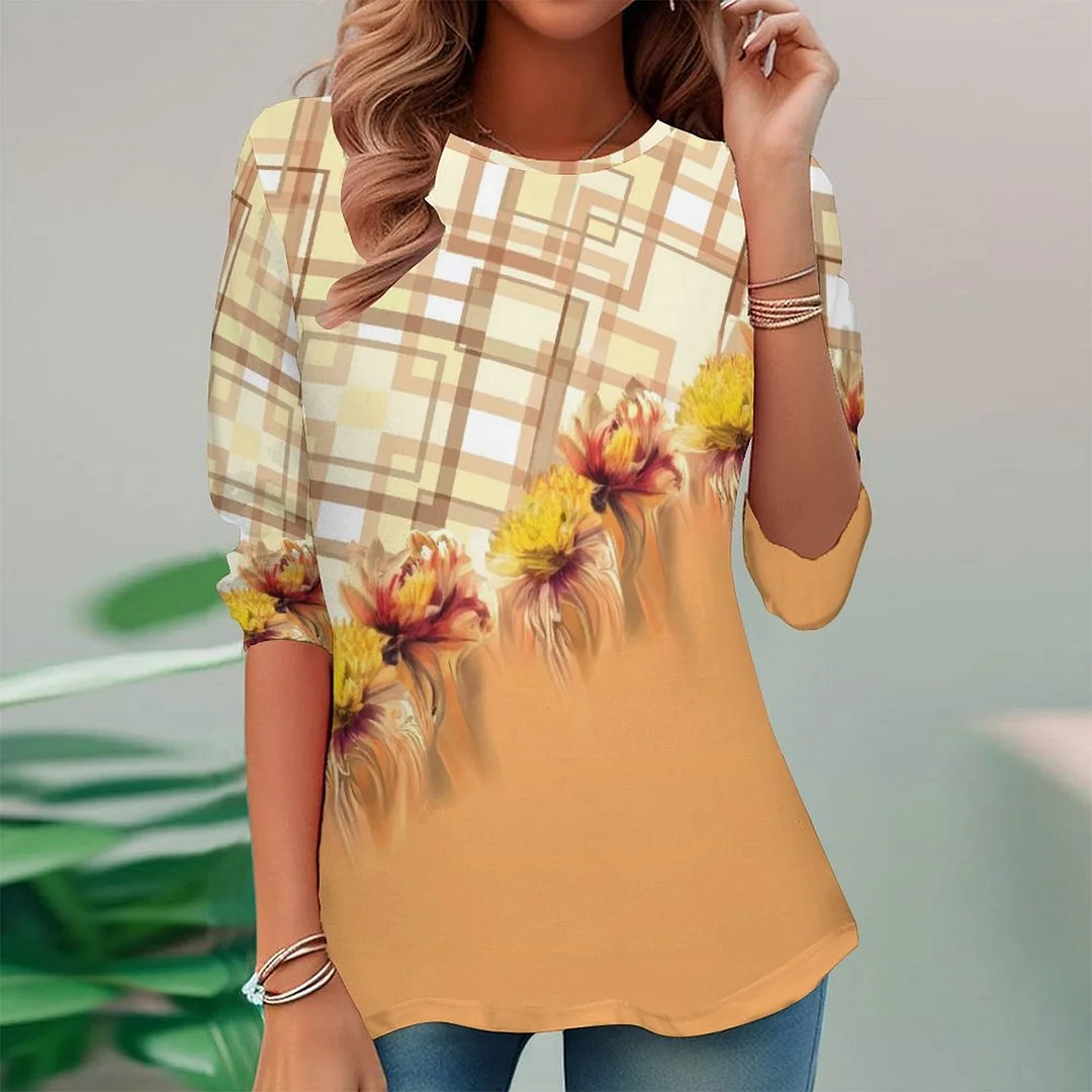 Vintage Printed Long Sleeve Plus Size Tunic for  Women and Men Unisex Pattern Yellow,Plaid,Floral