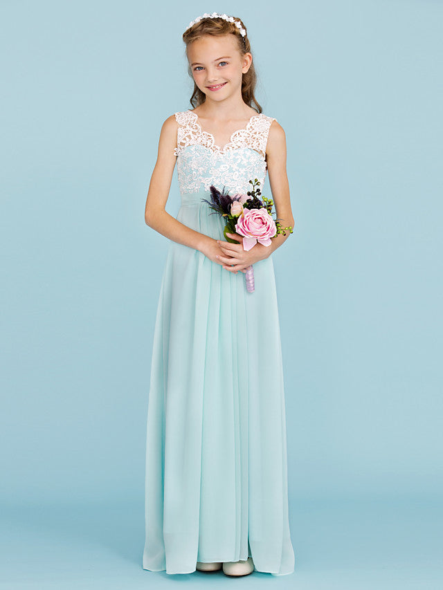 Oknass Sheath Column V Neck Floor Length Chiffon Lace Junior Flower Girl Dress With Sash Ribbon Wedding Party Open Back