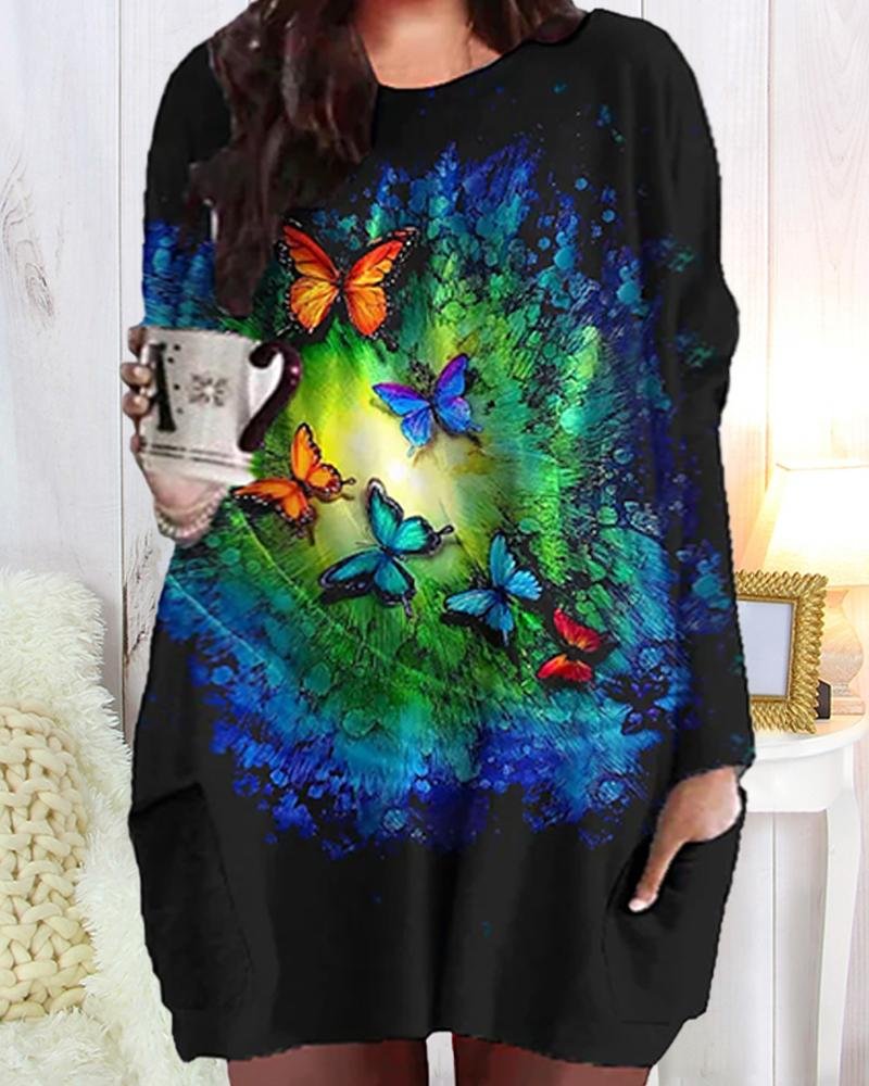 Women's Colorful Butterflies Print Round Neck Long Sleeve Plus Size Top With Pockets