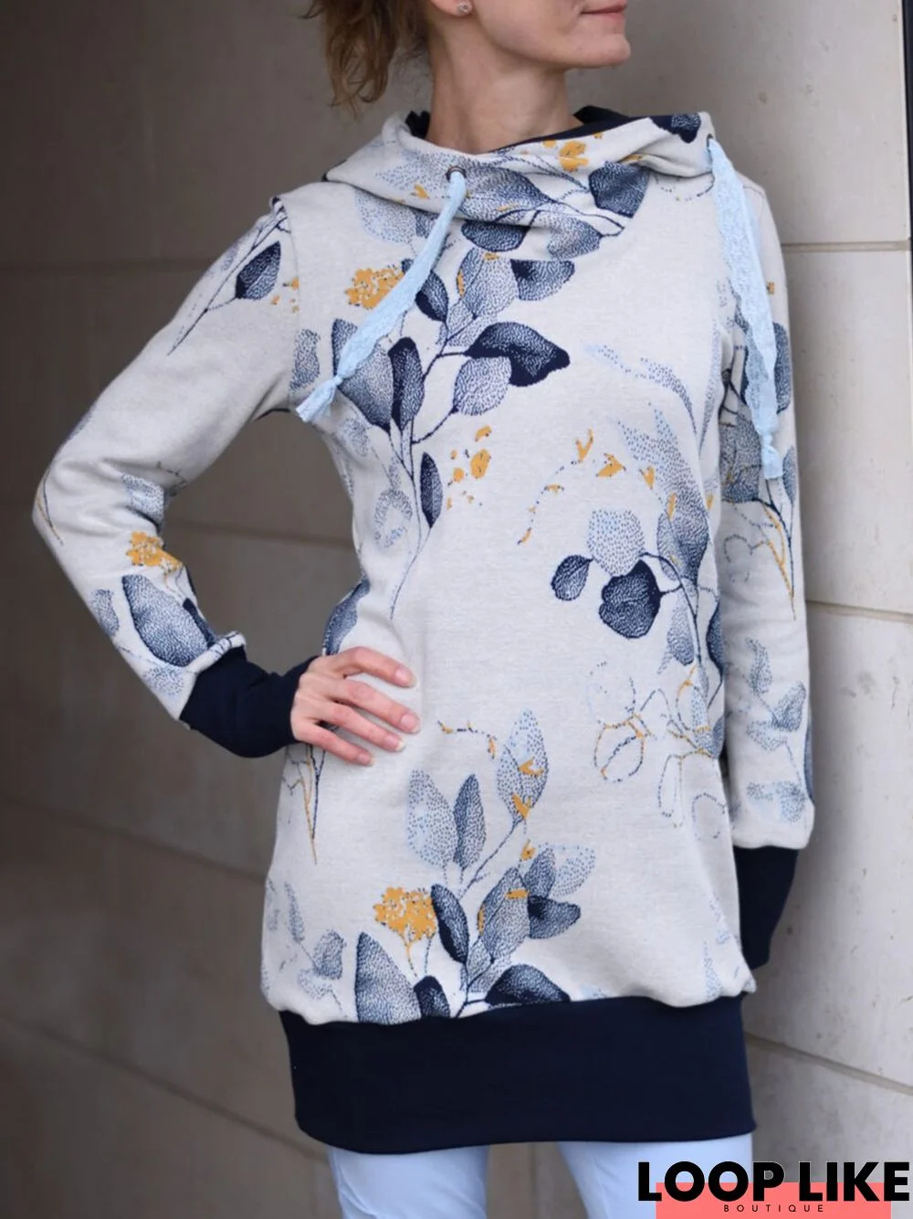 Vintage Leaves Floral Printed Paneled Long Sleeve Hoodie Casual Sweatshirt