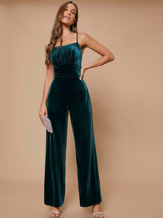 Lvs&Broner Simple Velvet Dark Green Sleeveless Spaghetti Strap High Waist Wid-Leg jumpsuit