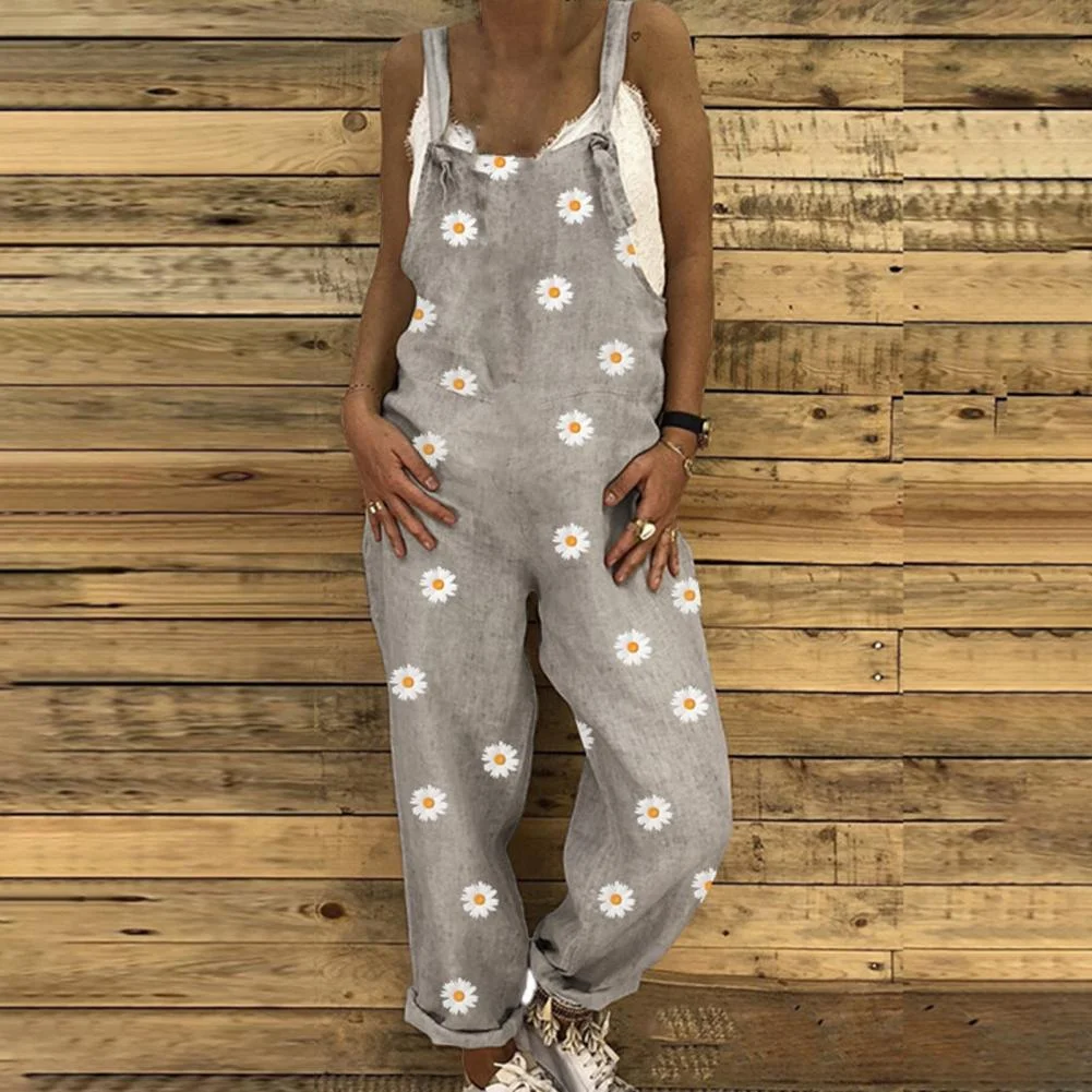 Summer Women Jumpsuits Fashion Jumpsuit Chrysanthemum Print Shoulder Strap Women Loose Sleeveless Backless Romper Overalls 3XL