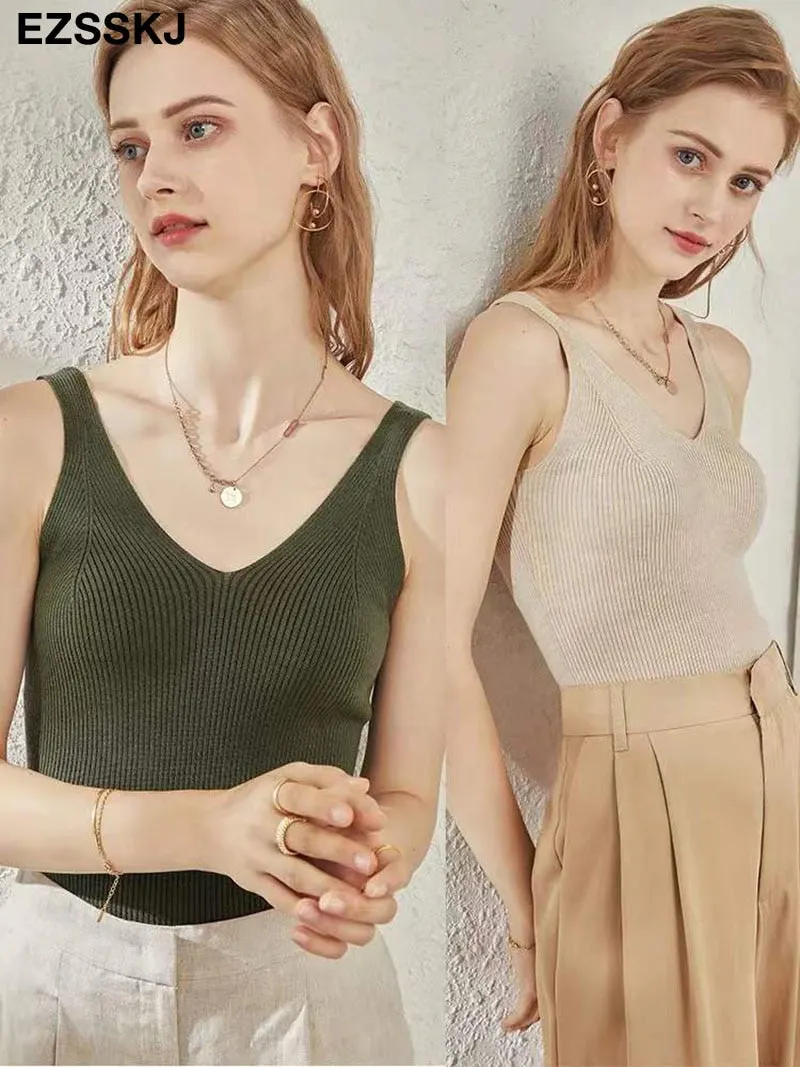 Cashmere high quality chic basic V-NECK Camisole female Summer white knit tank top Women sexy sleeveless tank top