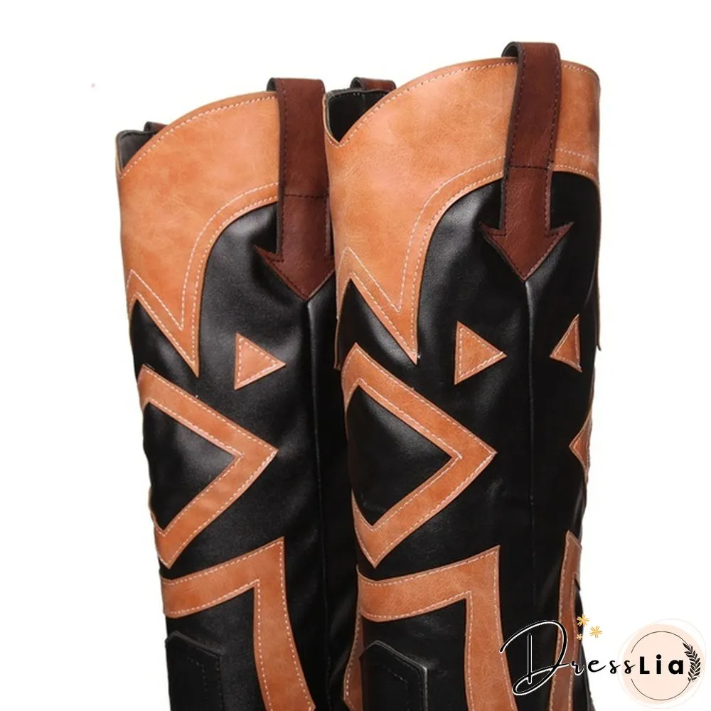 The New Style Western Cowboy Boots For Women Pointy Toe Cowgirl Boots Square Heels Knee High Boots Retro Women Boots