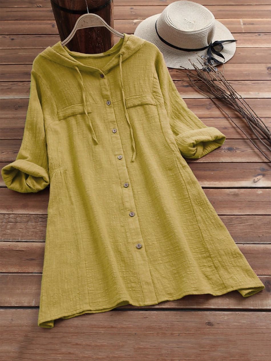 Solid Color Casual Button Hooded Linen Top
