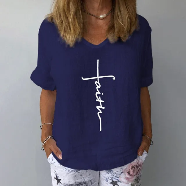 Women Summer Cotton Linen Blouse Casual V Neck Short Sleeve Femme Blouse Shirt New Letter Print 2022 Blusas Womens Tops S-3XL