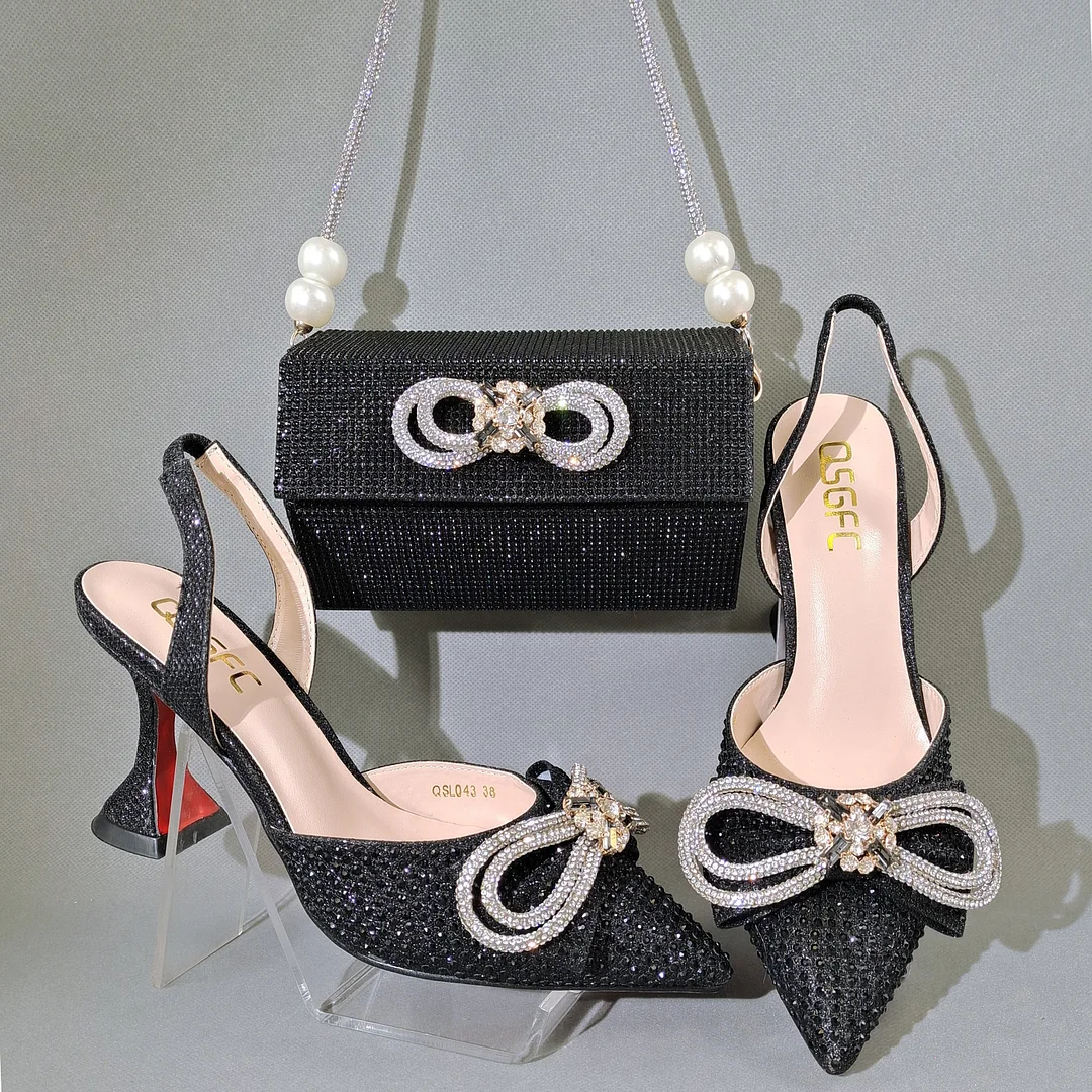 QSGFC 2022 Popular pointed Full of diamonds and shiny shoes with bags, banquet shoes and bags, and friends party shoes with bags