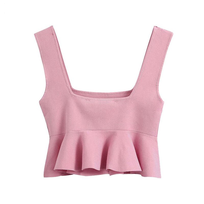 TRAF Women Sweet Fashion Ruffled Cropped Knitted Blouses VIntage Square Collar Sleeveless Straps Female Shirts Chic Top