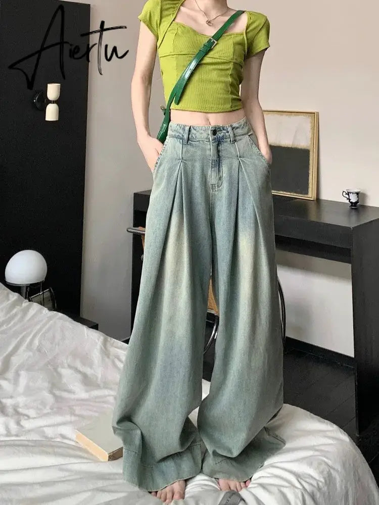 Aiertu Autumn New American Vintage Jeans Woman High Waist Loose Slim Fashion Jeans Female Blue Street Chic Straight Women Jeans Aiertu