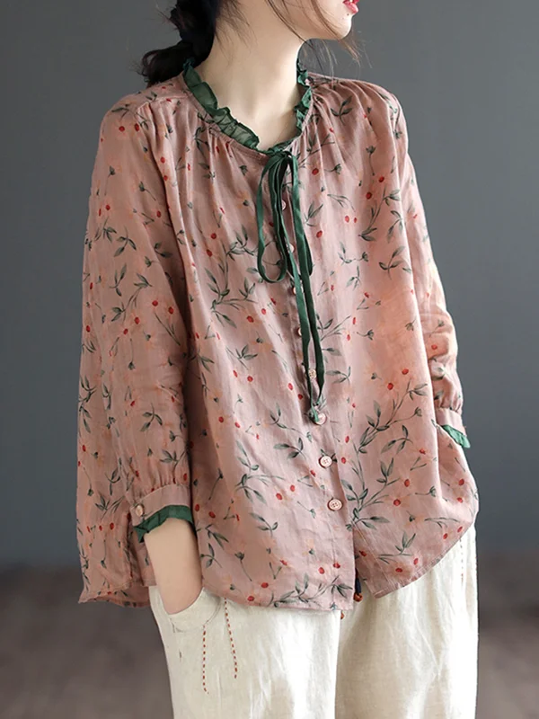 Lace-Up Floral Printed Loose Long Sleeves Round-Neck Blouses&Shirts Tops