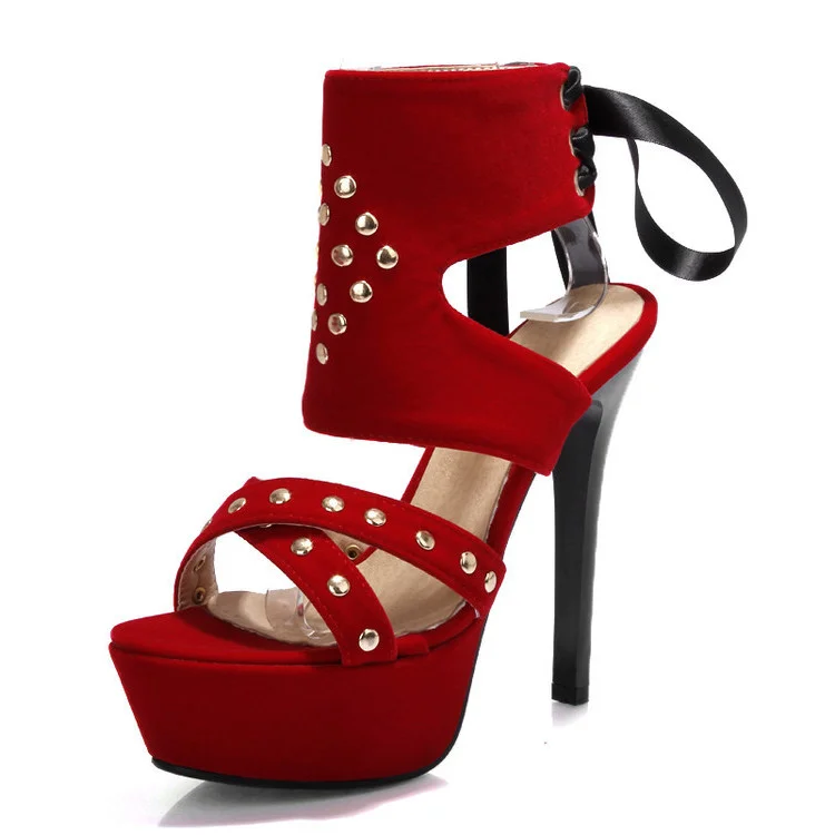 Women's Coral Red Silver Studs Super Stiletto Heel Stripper Heels |FSJ Shoes