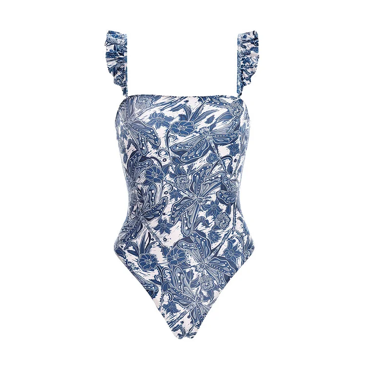Vioye Printed Ruffle Strap Blue One Piece Swimsuit and Skirt