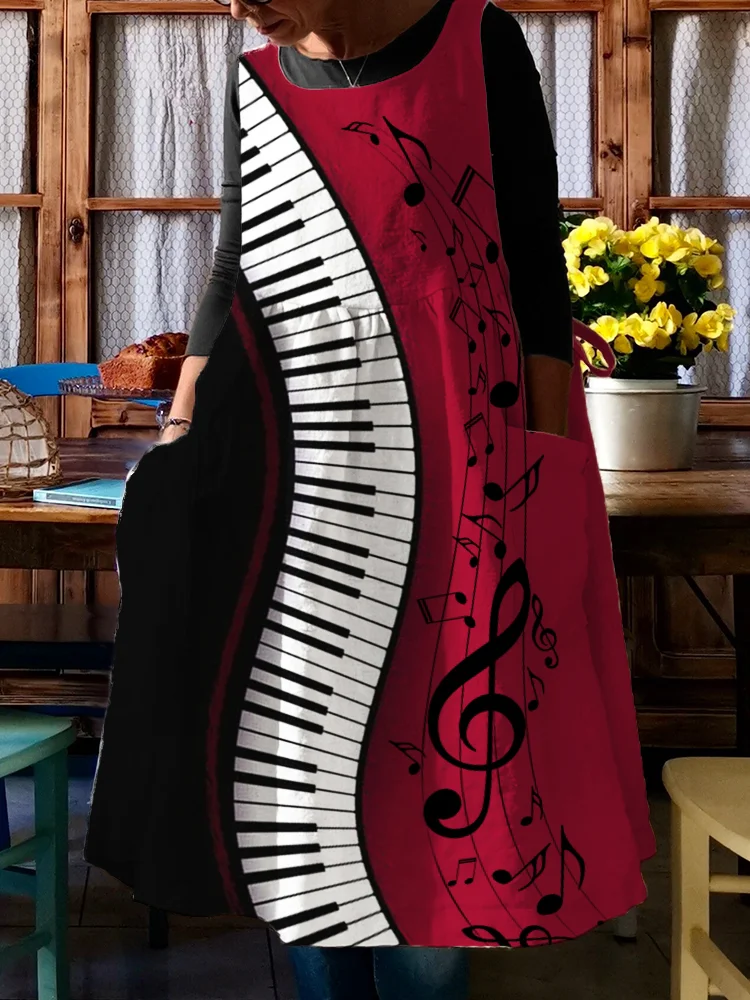 Music Notes Piano Contrast Art Pinafore Midi Dress