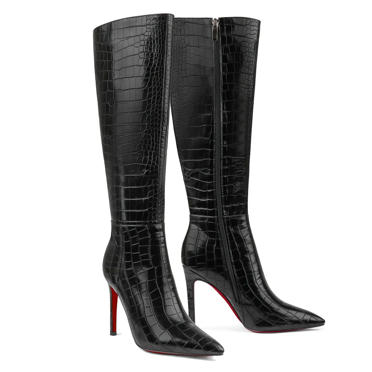 100mm Fashion Zipper Leather Red Bottoms High Heels Knee Boots-vocosishoes