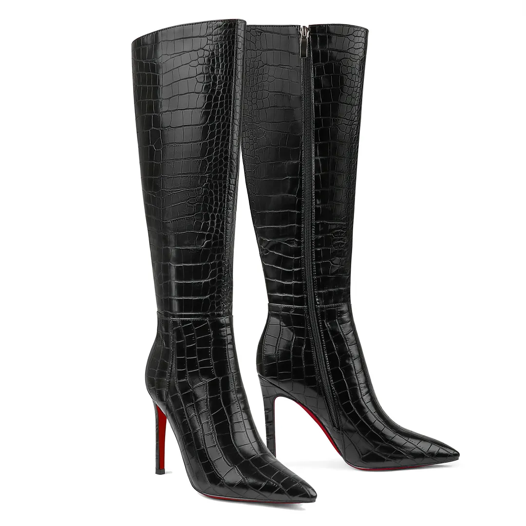 100mm Fashion Zipper Leather Red Bottoms High Heels Knee Boots-vocosishoes
