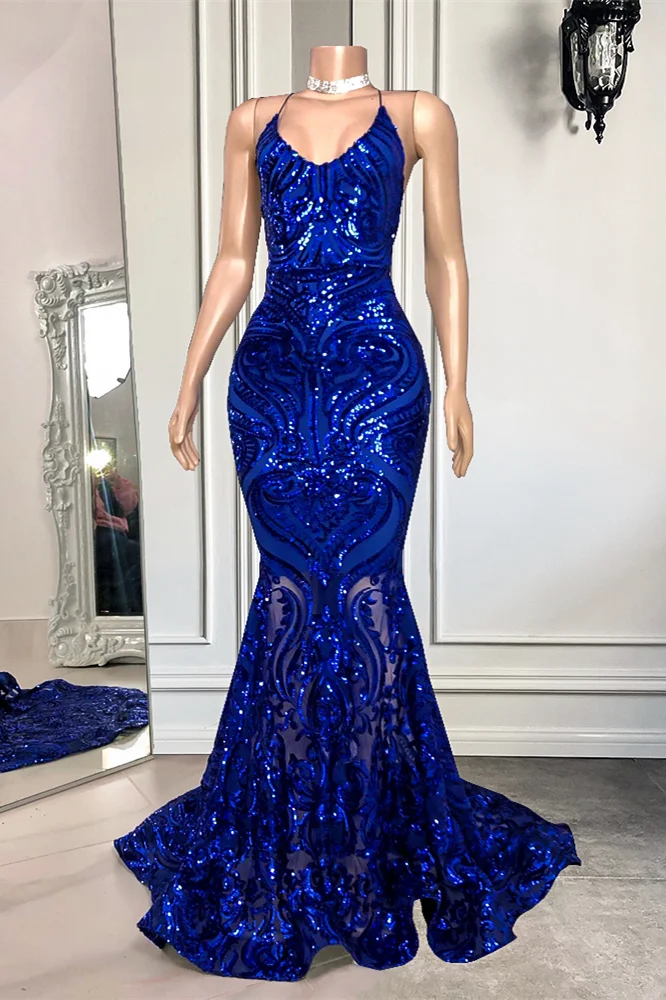Luluslly Royal Blue Spaghetti-Straps Sequins Prom Dress Mermaid Sleeveless