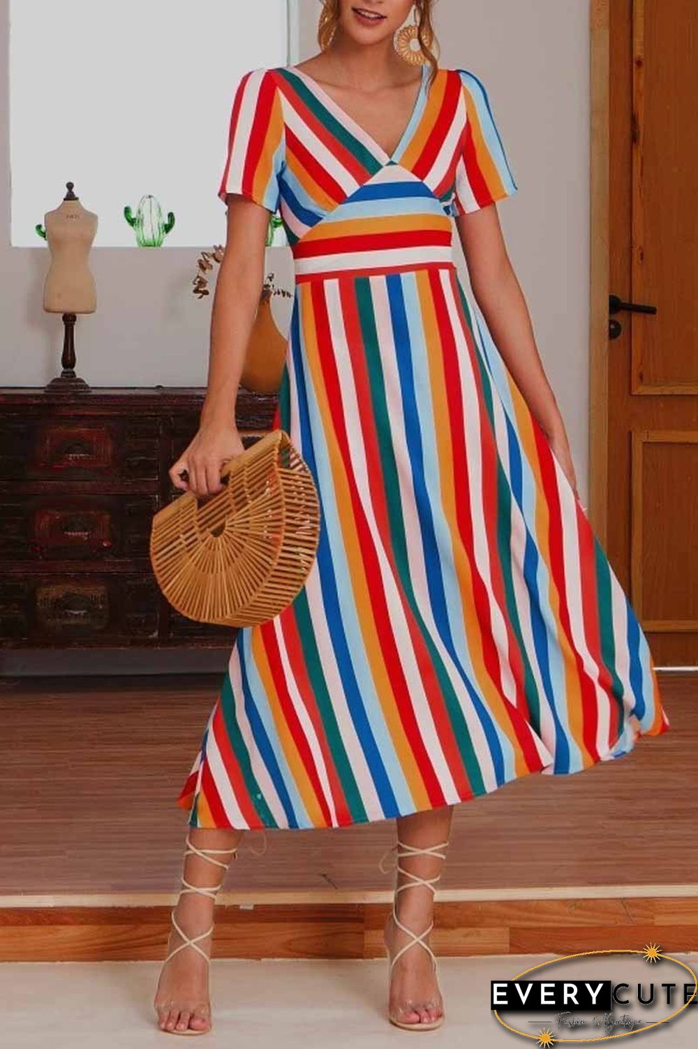 V Neck Striped Women Love Midi Dress