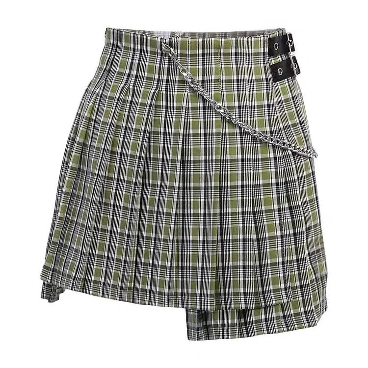 Green Plaid Pleat Chain Skirt