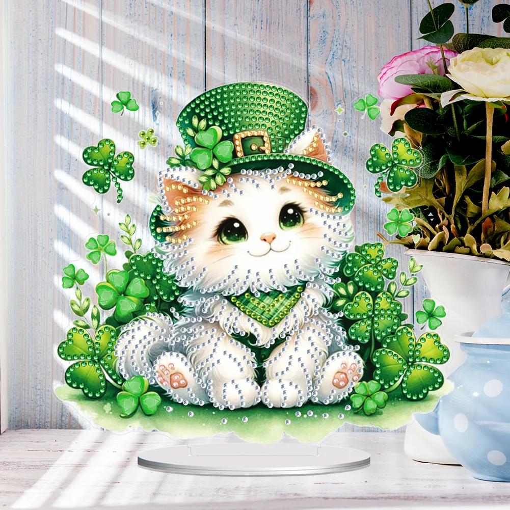 DIY St. Patricks Day Cat Diamond Painting Tabletop Ornaments Bedroom Table Decor