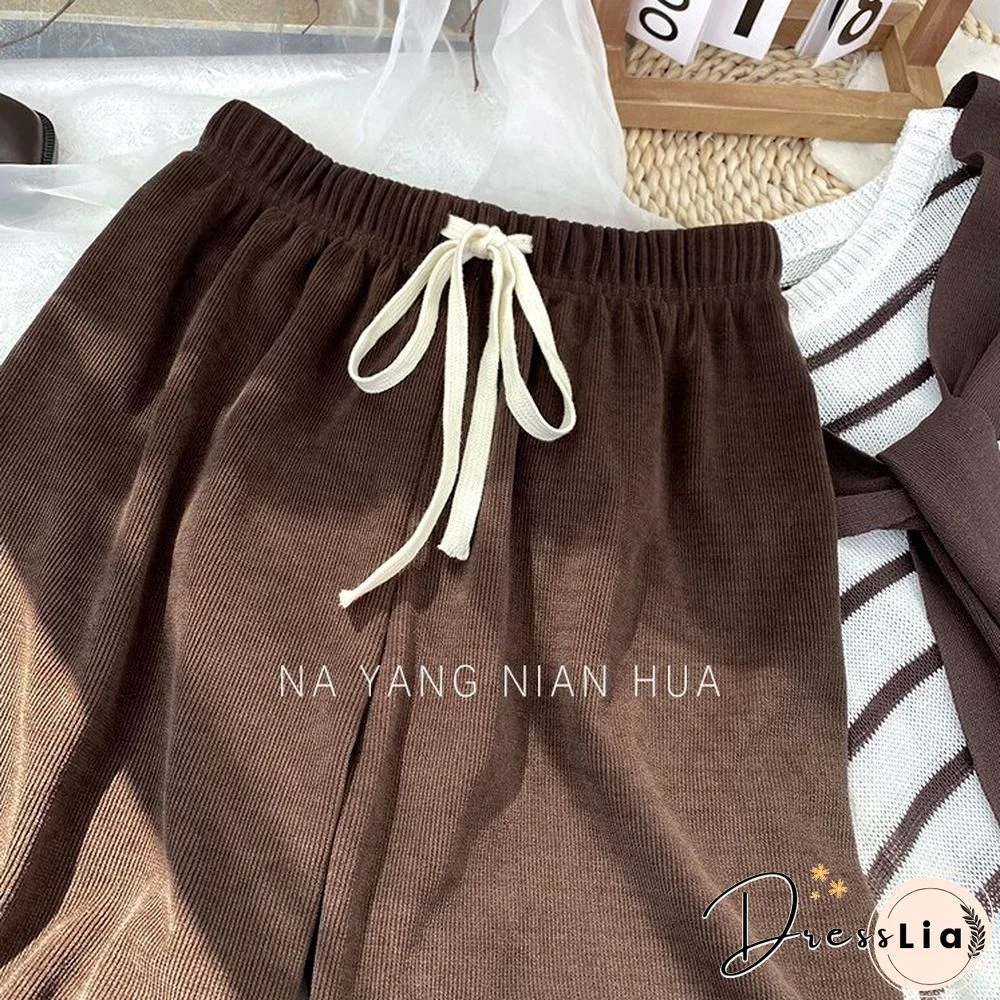 Retro Knitted Strip Corduroy Wide-leg Pants Women Autumn Loose Drape Straight Casual Trouser Female High Wiast Bottom