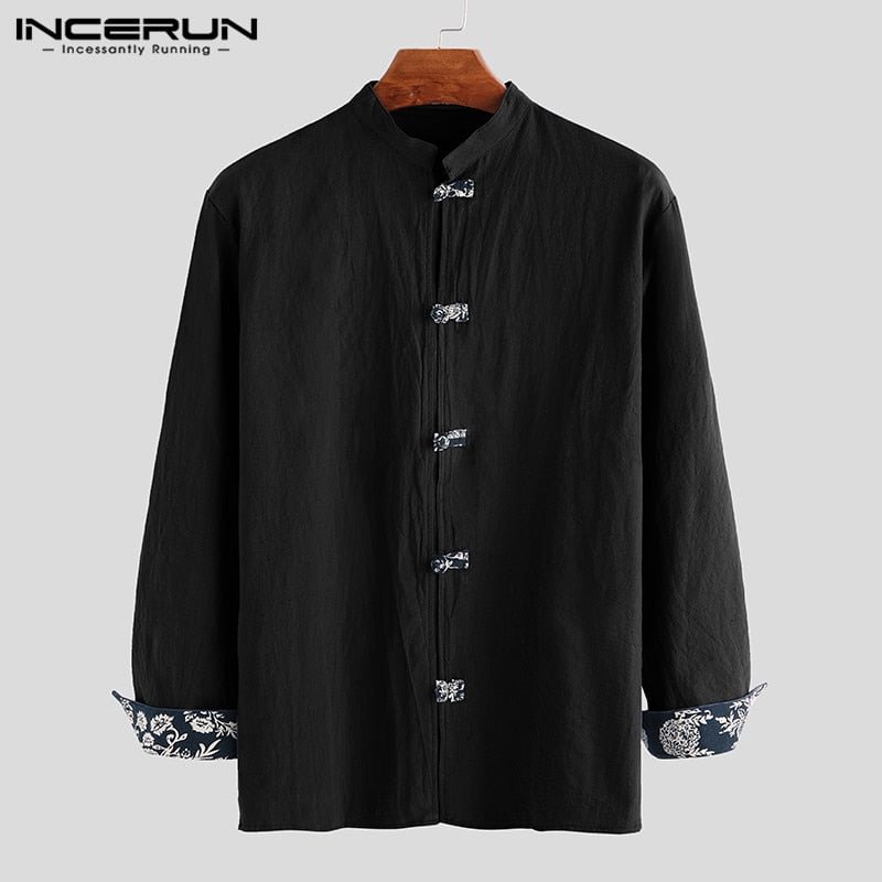 Vintage Men Shirt Cotton Long Sleeve Solid Mandarin Collar 2021 Streetwear Blouse Chinese Traditional Casual Men Shirt INCERUN 7