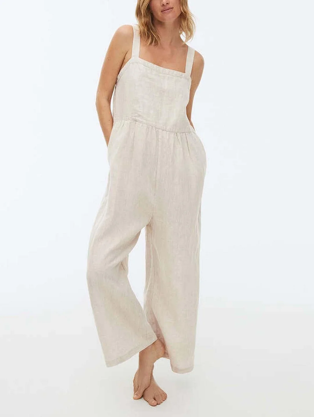 Plain Sleeveless Hidden Pocket Wide Leg Jumpsuit