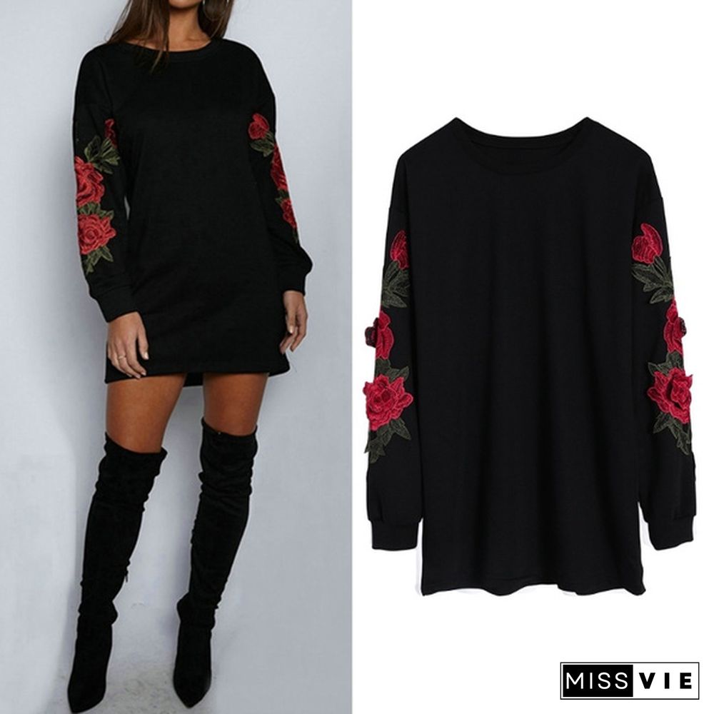 Women's Fashion Embroidery Long Sleeve Sweater Dress S-5XL