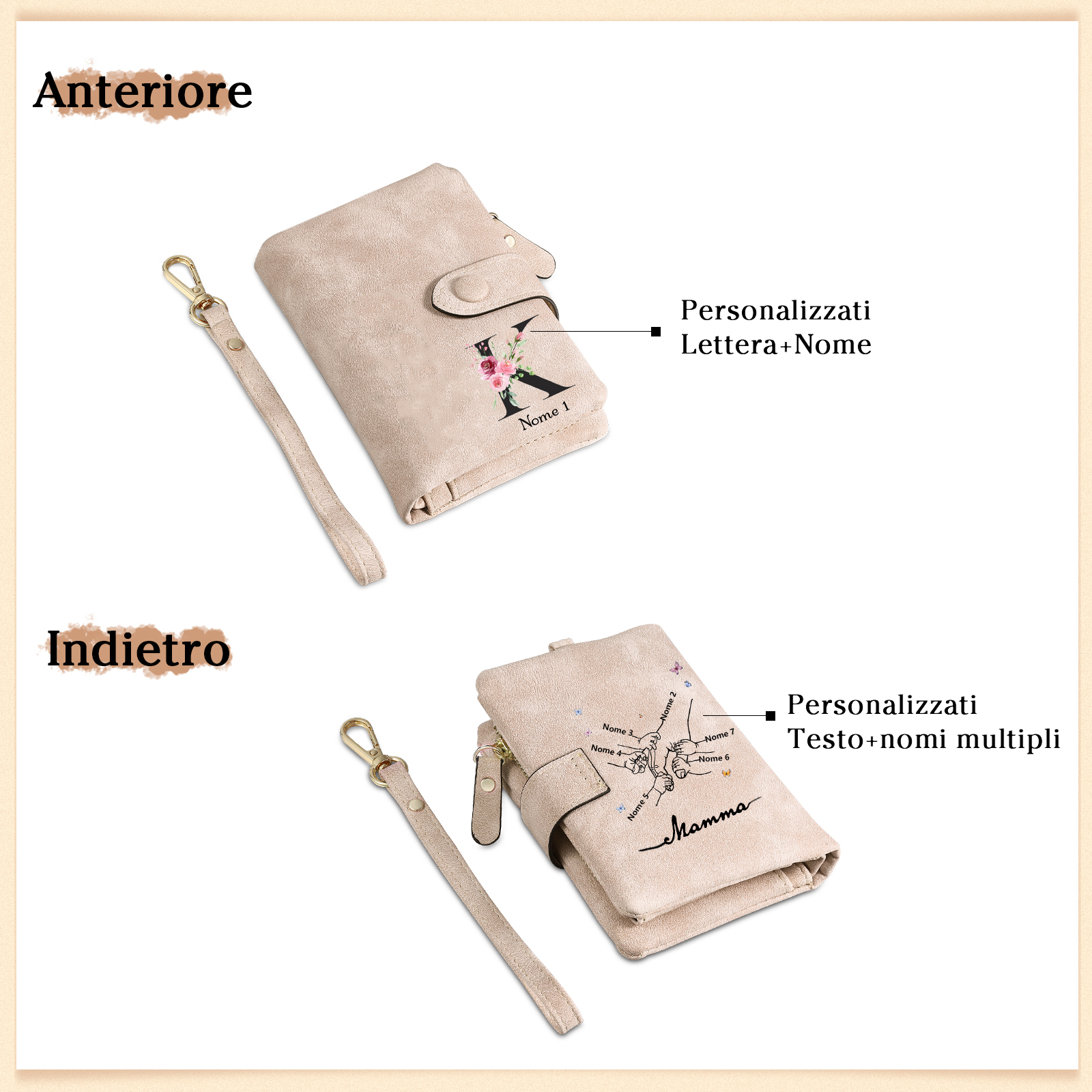 Portafoglio mano nella mano in PU pelle con 7 nomi & 1 testo & 1 lettera personalizzati per mamma