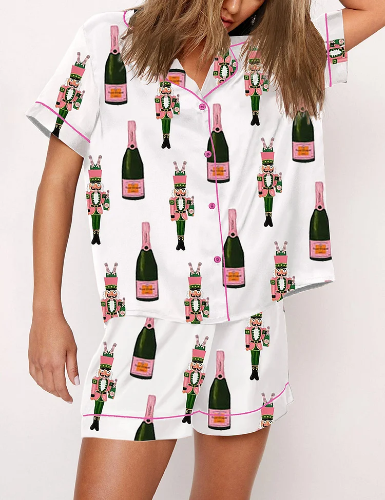 Women's Bucket Nutcracker Champagne Short Sleeve Pajama Set