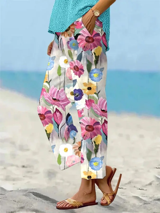 WomenS Oil Painting Flowers L Pattern Loose Casual Pants (With Pockets)