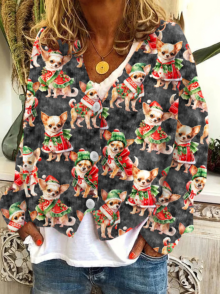 Comstylish Christmas Chihuahua Knitted Jacquard Women's Cardigan