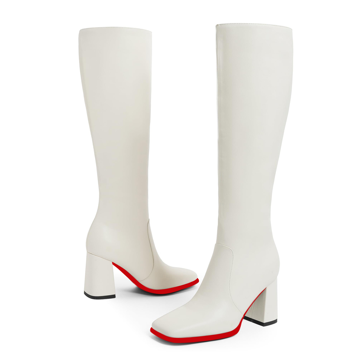 95mm Women's Knee Boots Red Bottom Block Chunky Heels Zipper Fashion Sexy Daily Matte Boot-MERUMOTE