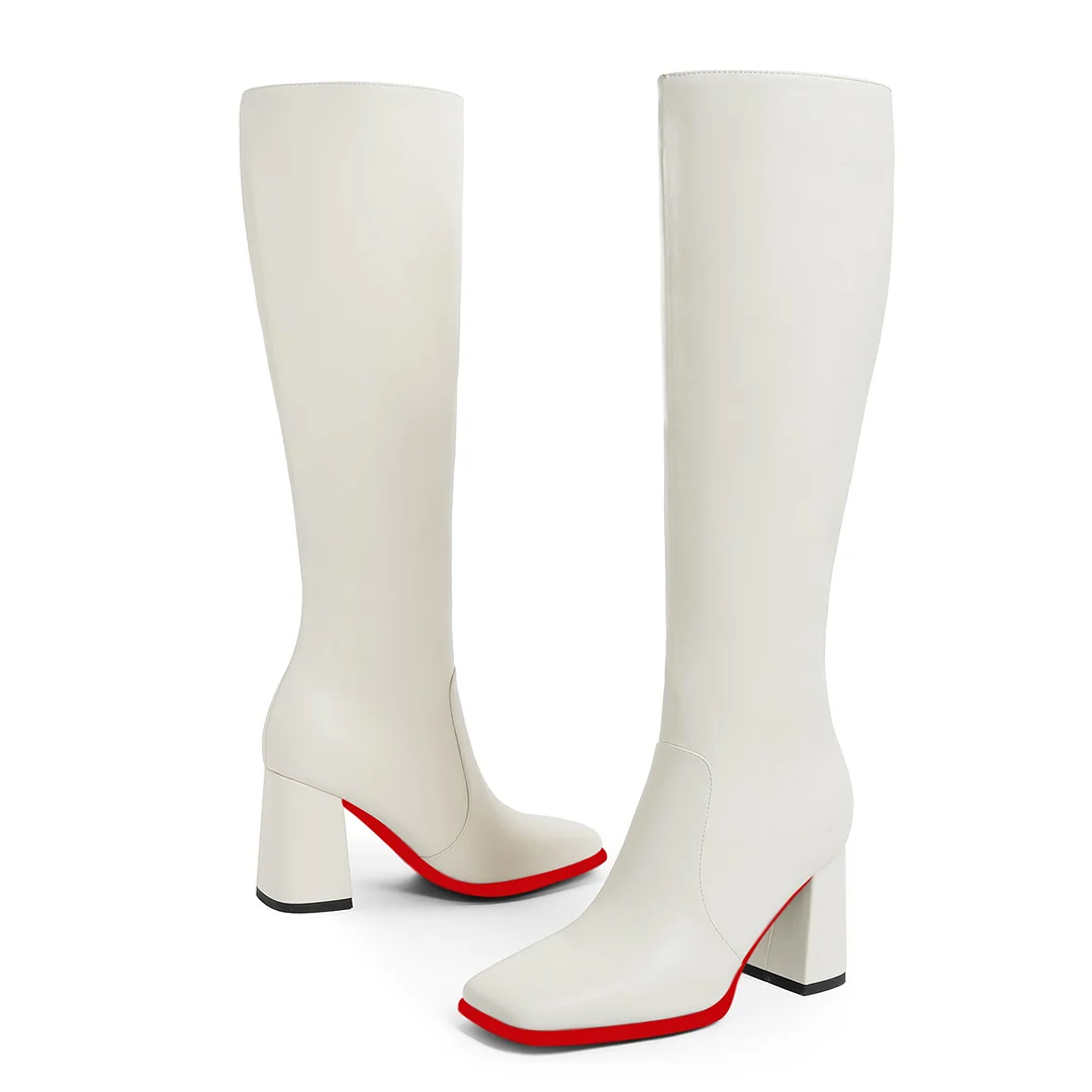 95mm Women's Knee Boots Red Bottom Block Chunky Heels Zipper Fashion Sexy Daily Matte Boot-MERUMOTE