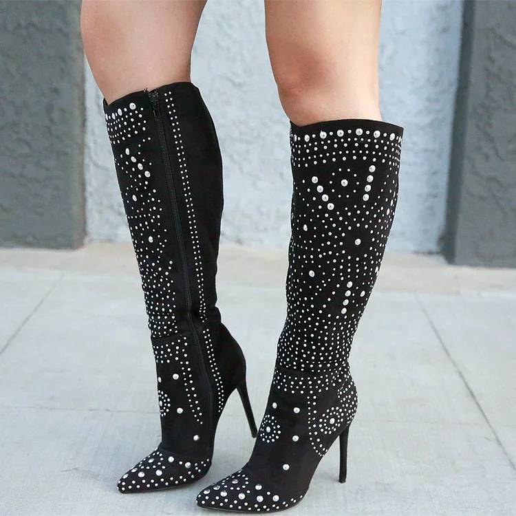 Black Studded Stiletto Heel Calf Length Suede Boots Vdcoo