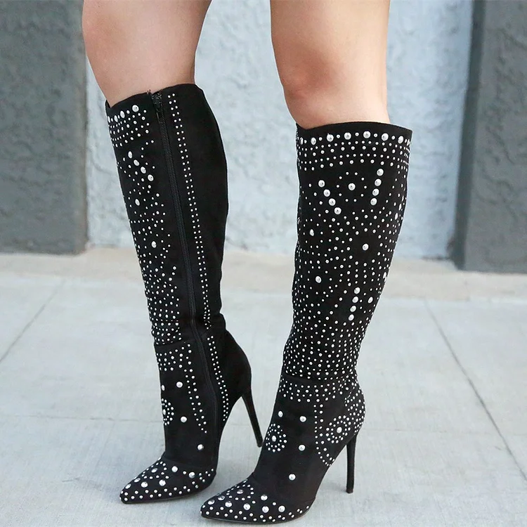 Black Vegan Suede Boots Studded Stiletto Heel Calf Length Boots |FSJ Shoes