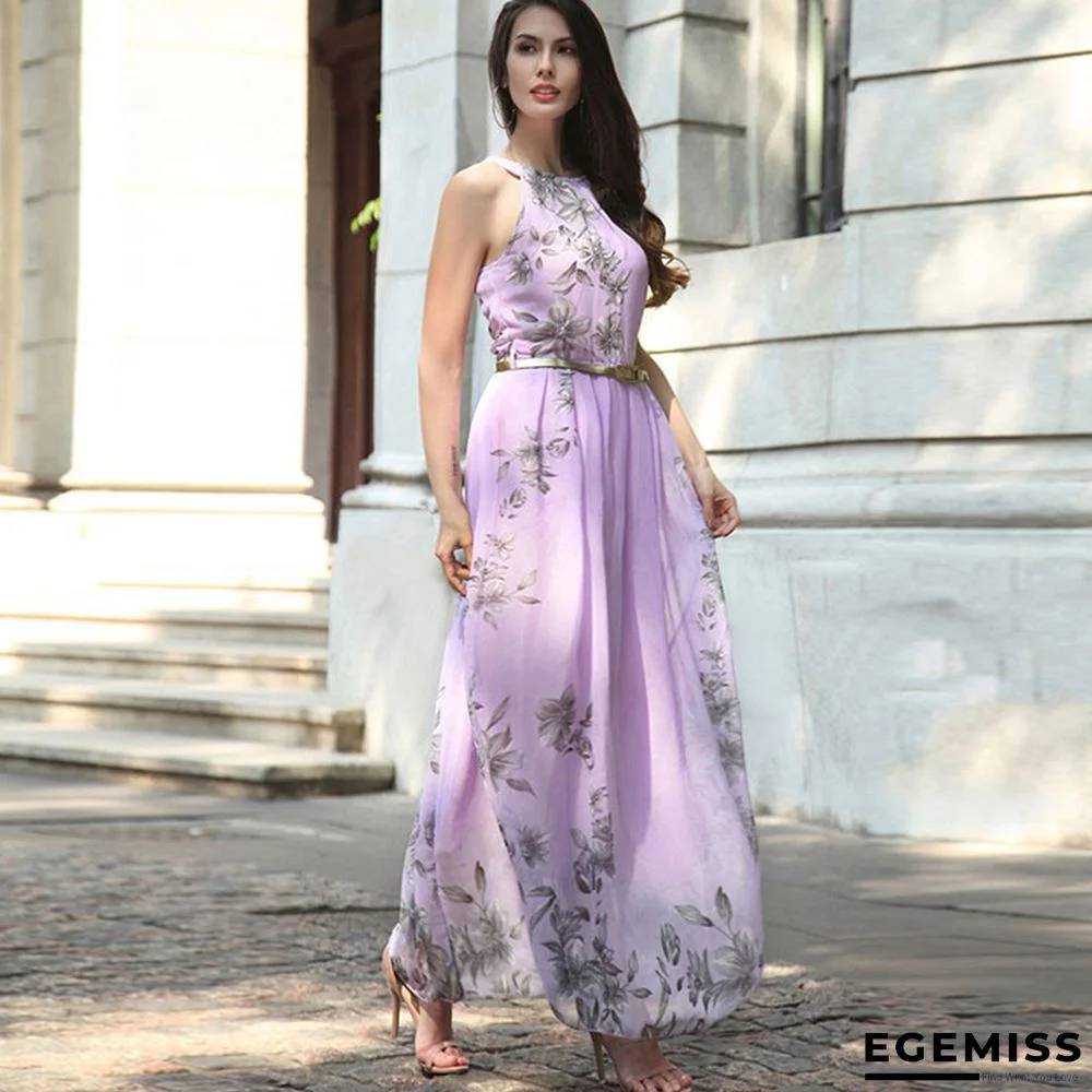 Bohemian Slim Dress Floral Sleeveless Print Chiffon Beach Skirt Holiday Dress | EGEMISS