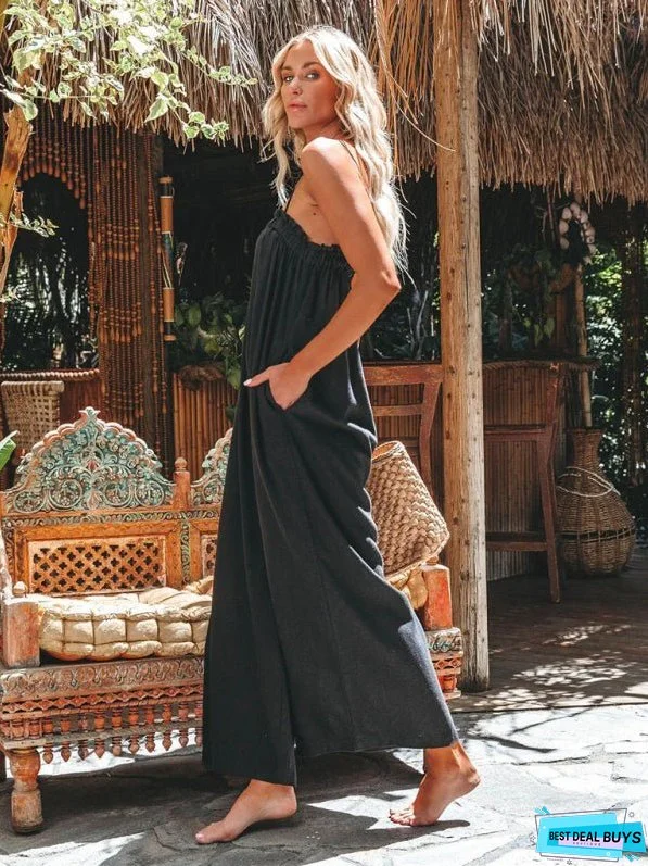 Loose High-Waisted Wide-Leg Suspender Jumpsuit