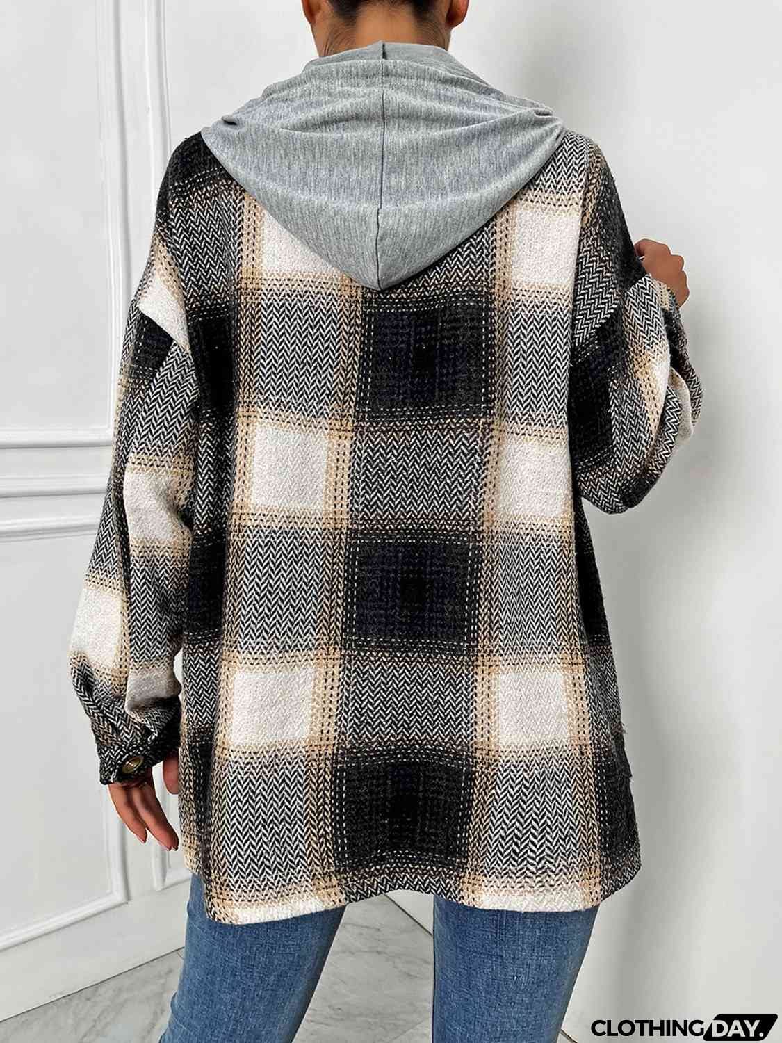 Plaid Drawstring Hooded Jacket