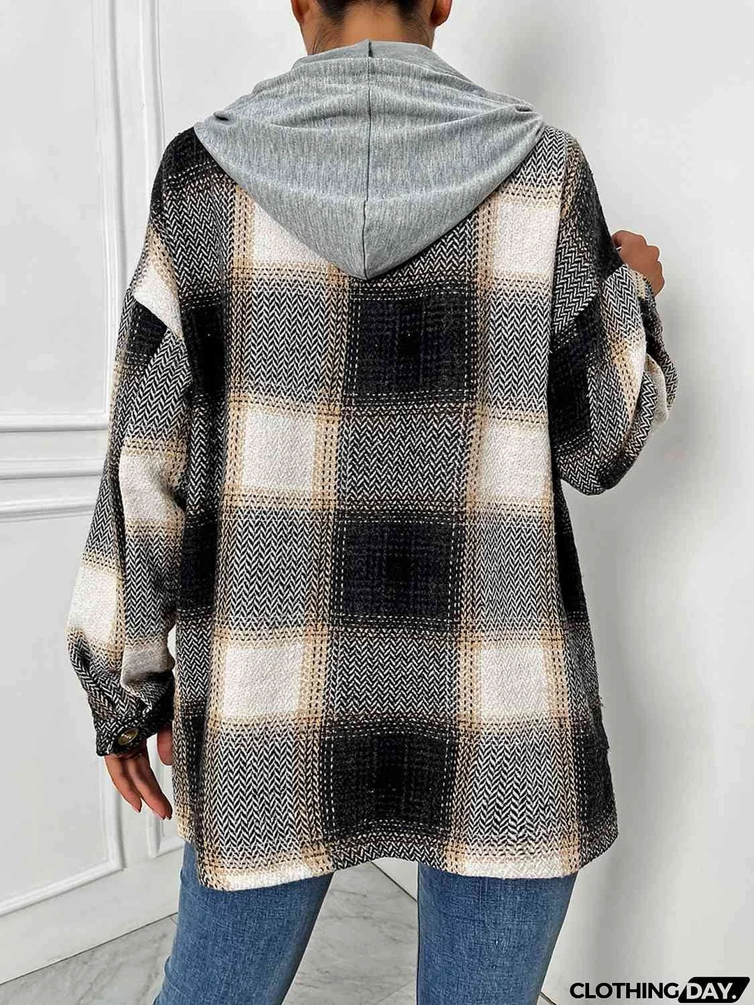 Plaid Drawstring Hooded Jacket