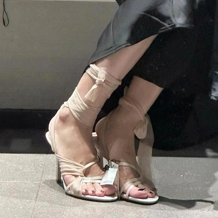 Yyvonne Tulle Cross-Lace High Heel Women 2025 New Round-Headed Toe-With Roman Sandals