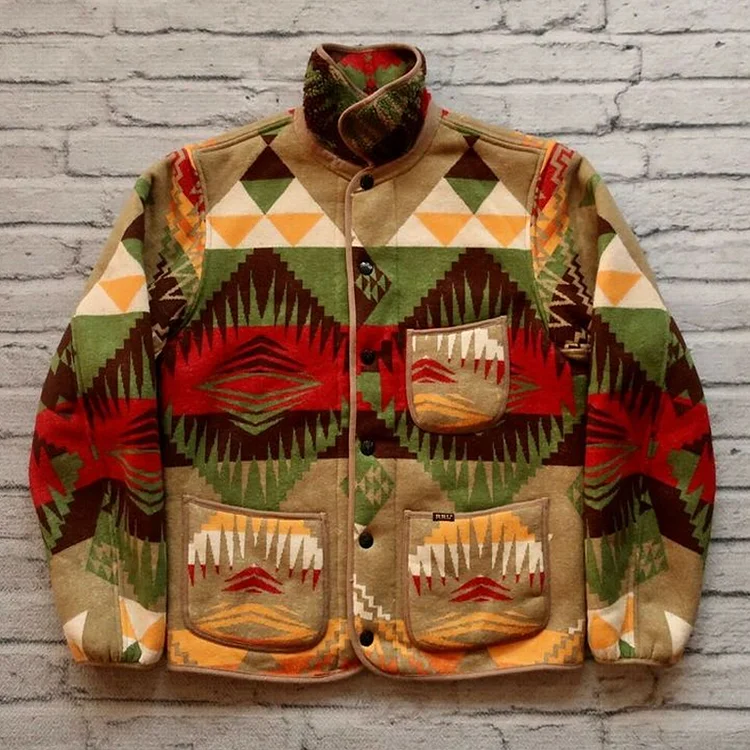 Vintage Men's Printed Colorblock Casual Jacket