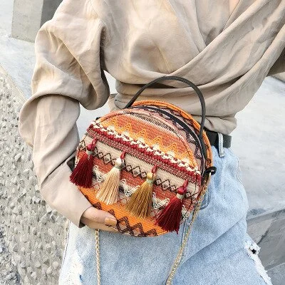 Brand New Boho Vintage Beach Straw Women Shoulder Bag Tassel Round Handbag Rattan Basket Ladies Crossbody Shoulder Storage Bag