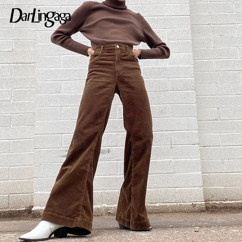 Darlingaga Vintage High Waist Corduroy Brown Pants Solid Slim Harajuku Ladies Long Trousers 90s Flare Pants Women Pantalon Femme