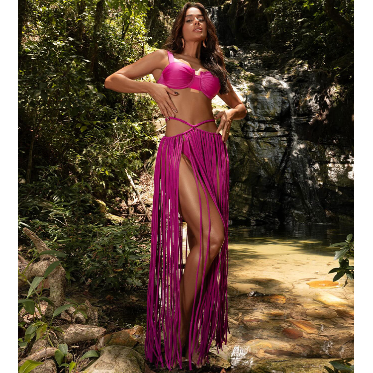 Sexy 3D Flower Solid Color Bikini Swimsuit and Tassel Skirt