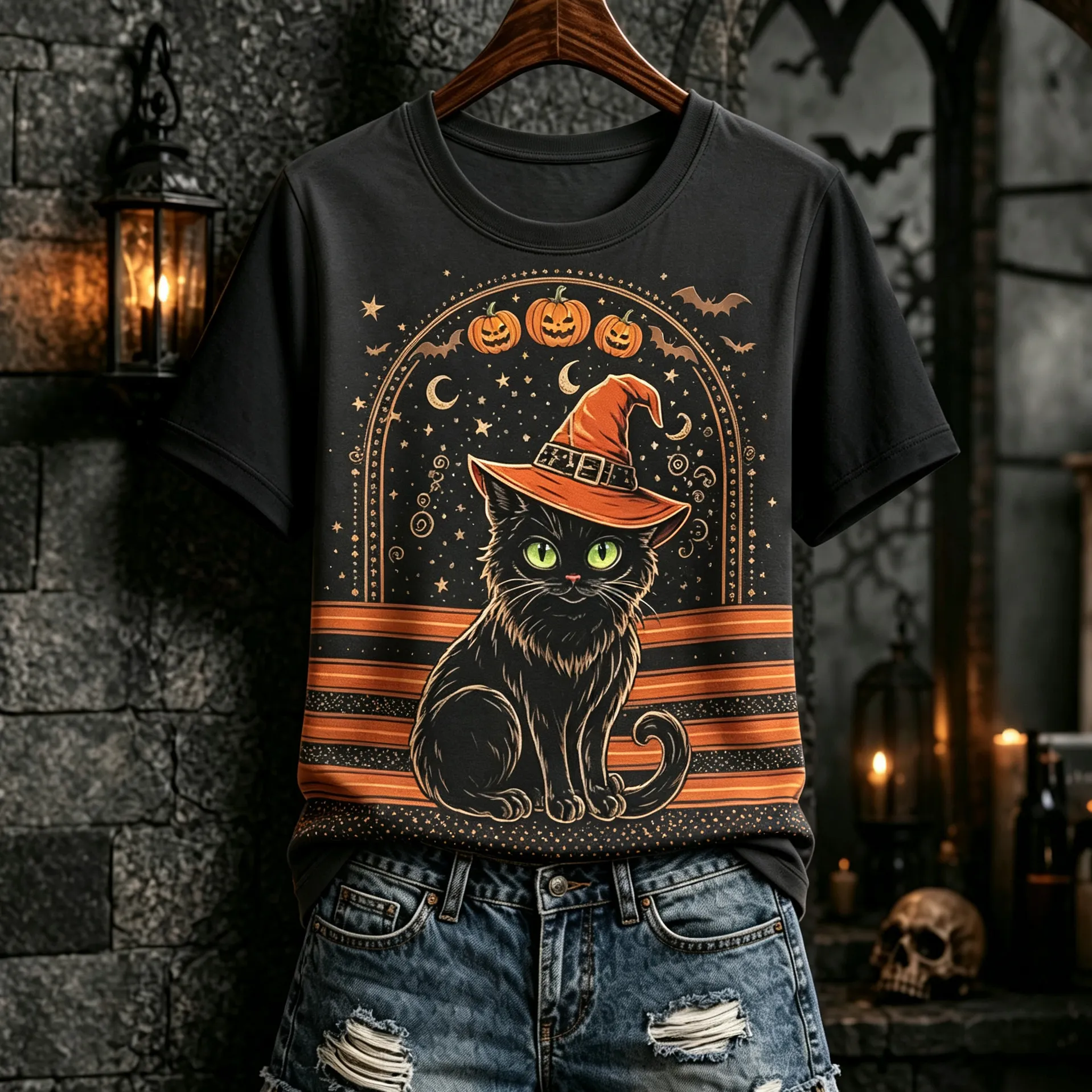 Women's Halloween Cat Print T-shirt artswardrobe
