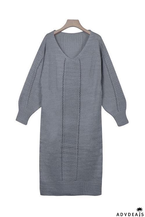 Hollow V Neck Long Sleeve Sweater Dress