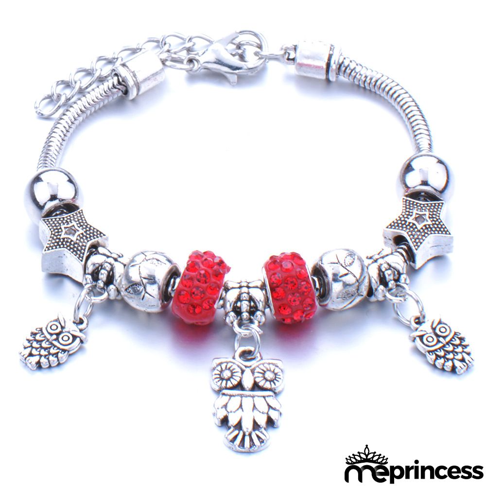 Women Fashion Rhinestone Butterfly Crown Pendant Beaded Bracelet
