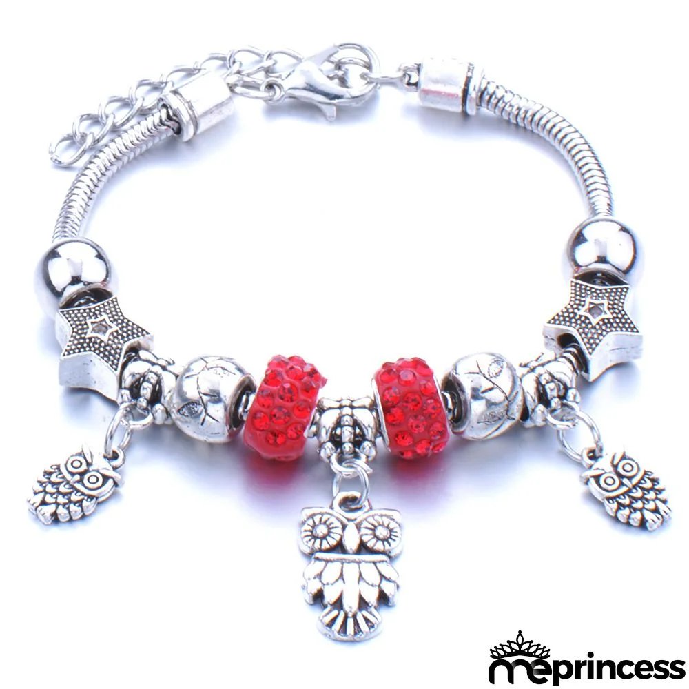 Women Fashion Rhinestone Butterfly Crown Pendant Beaded Bracelet